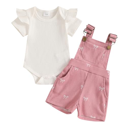 Adobabirl Baby Girl Summer Clothes Ribbed Short Sleeve Romper Bow Print Overalls Shorts Set Infant Cute Summer Outfits