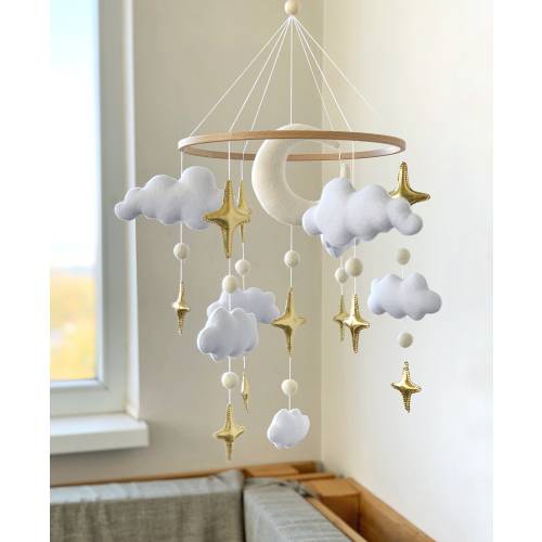 Baby Mobile Stars Nursery Decor Moon Felt Crib Mobile Boy Girl Baby Shower Gift Gold
