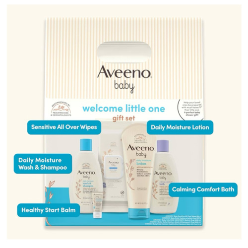 Aveeno Baby Welcome Little One Gift Set, Baby Skincare Set with Nourishing Baby Body Wash & Shampoo, Calming Bath Wash, All Over Baby Wipes, Daily Moisturizing Lotion, & Baby Balm, 5 Items