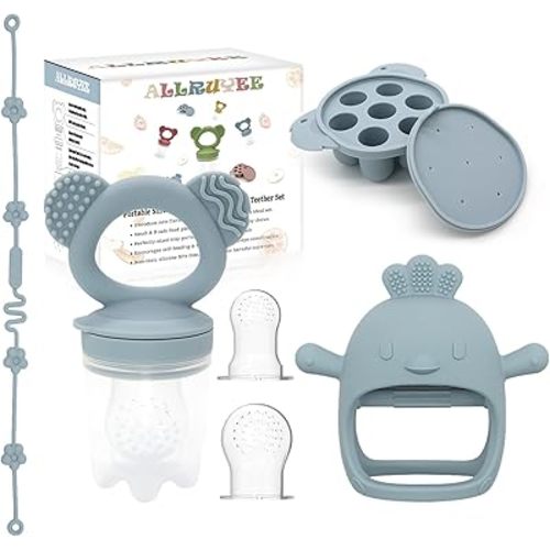 Baby Fruit Feeder & Mini Freezer Tray Combo - Baby Teether, Breastmilk Popsicle Molds for Teething Relief, Fresh Food Feeder for Safe Infant Self-Feeding, Extra Food Pouches(Blue)
