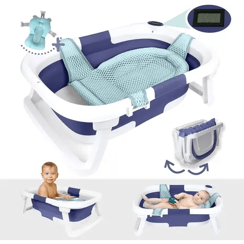 BEBELEH™ Collapsible Baby Bathtub with Thermometer – Bathtub + Baby tub Sling + Newborn Sling – Baby Bathtub Newborn to Toddler 0-24 Months – The Ultimate Baby Bath tub! (with Thermometer,Blue)
