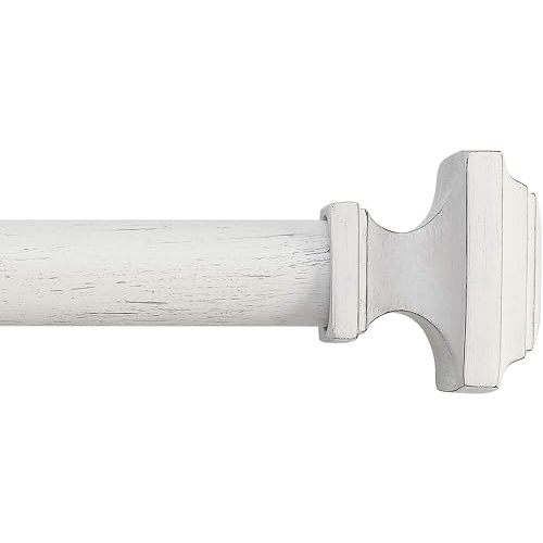 MODE Farmhouse Collection 1 1/8" Diameter Curtain Rod Set with Cottage Square Curtain Rod Finials and Steel Wall Mounted Adjustable Curtain Rod, Fits 36” to 72” Windows, Weathered White