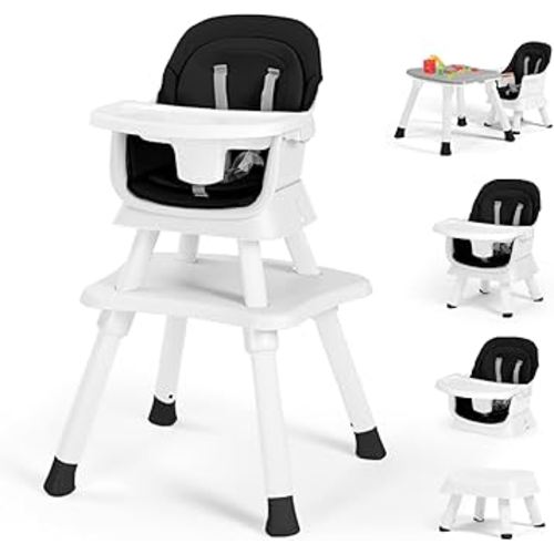 Kinder King 8 in 1 Baby High Chair, Coverts to Dining Booster Seat/Kids Table & Chair Set/Toddler Building Block Table/Kids Stool, Removable Tray & Double Seat Cover, Easy to Wipe, White