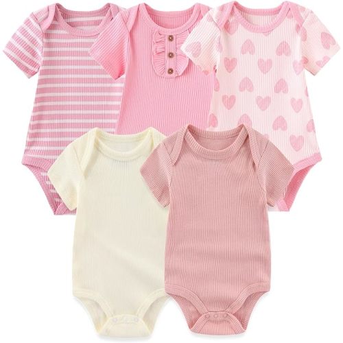 MAMIMAKA Newborn Baby Short Sleeve Bodysuit Cotton One-Piece Baby Clothes 5-Pack, 0-12 Months - Five Piece Bodysuits-1 - 9-12 Months