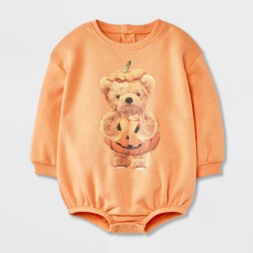 Baby Teddy Bear Halloween Pumpkin Long Sleeve Romper - Orange