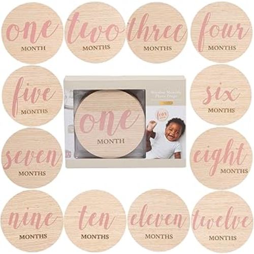 Kate & Milo Wooden Baby Monthly Milestone Discs, Pink Script Text, 12-Piece Double-Sided Month Markers for Newborn and Infant Photo Props