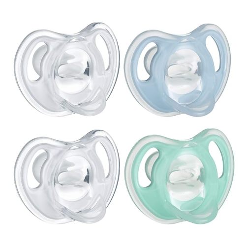 Tommee Tippee Ultra-Light Silicone Pacifier, Symmetrical One-Piece Design, BPA-Free Silicone Binkies, 0-6M, 4-Count - Clear, Light Blue, Light Green - 4 Count (Pack of 1)