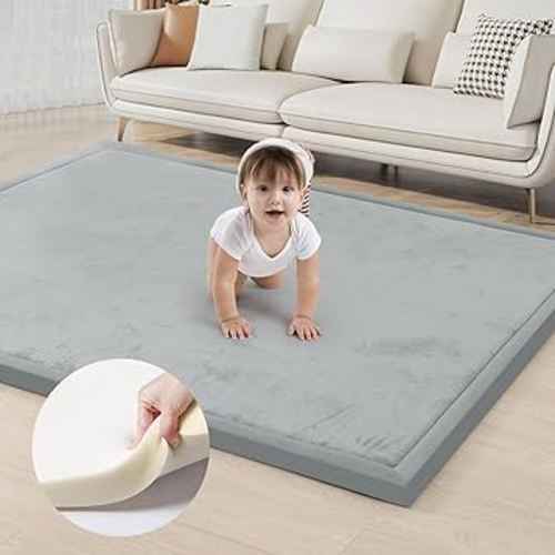 ACOMOPACK Baby Play Mat for Floor 1.3" Thick Memory Foam Play Mat 59"×71" Tummy Time Crawling with Non-Slip Bottom for Living Room,Nursery,Soft Velvet Playpen Mats for Kids,Infants（Light Grey）