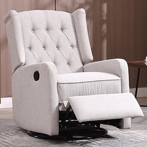 Glider Recliner Nursery Chair, Cozy Linen Rocking Chair Nursery Recliner with Adjustable Button Backrest and Footrest, Swivel Recliner Chair for Living Room, Bedroom, Office (Beige)