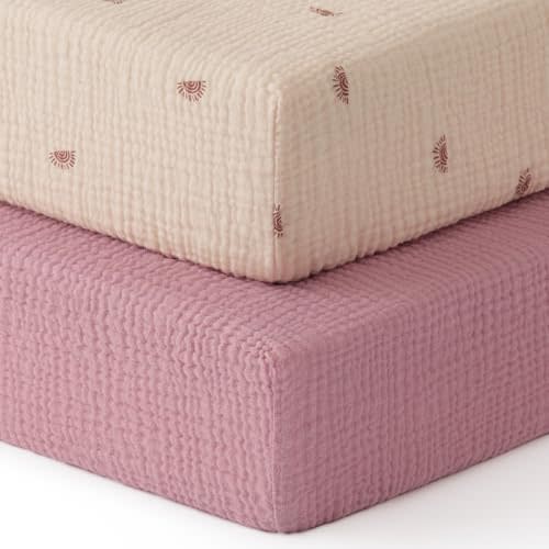 Blissful Diary Muslin Crib Sheets for Girl Boy, Boho Neutral Soft Cotton Baby Sheet for 52''x28'' Standard Crib Mattress, 2 Pack(Sunshine&Blush Pink)