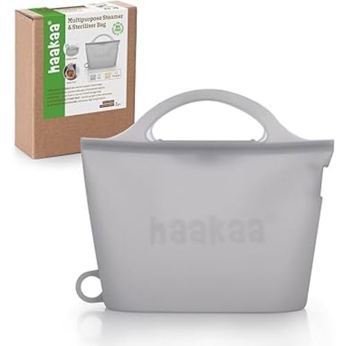 Haakaa Silicone Microwave Steamer & Steriliser Bag, Reusable Silicone Steaming Bags for Baby Bottles, Breast Pump, Accessories, Pacifiers and Teethers, Great for Home and On-The-Go, Grey/1PC (1250ml)
