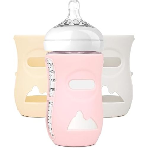 3 Pack Silicone Sleeves for Avent Natural Glass Baby Bottles, Protection and Insulation, Glass Baby Bottle Sleeve Compatible with Avent Glass Bottles 8 oz, Dishwasher Safe (Pink+Beige+Gray)