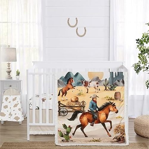 Sweet Jojo Designs Western Cowboy Boy Baby Crib Bedding Set Infant Nursery Room Blanket Fitted Sheet Skirt Diaper Stacker 4p Wild West Southern Charm Country South Horse Cow Print Farm Animal Cactus