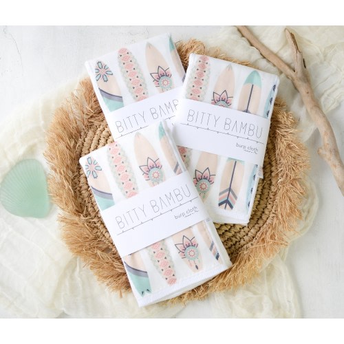 Surfer Girl Burp Cloth - Single Burp Cloth Surfboards Print Baby Gift - Ocean Theme Nursery Gift - Nautical Layette Gift- Made in Maui USA