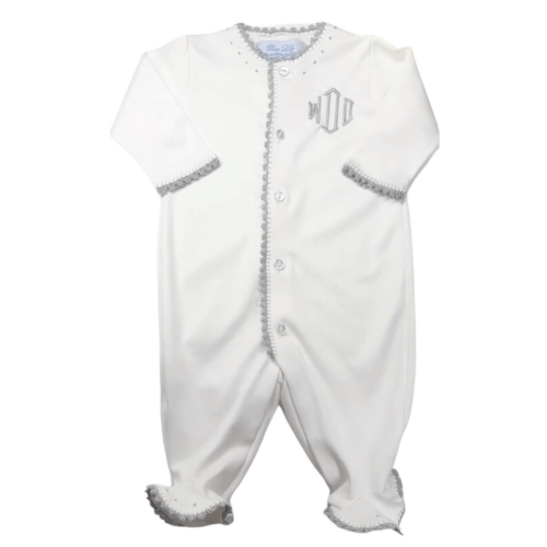Pixie Lily Boys Footed Layette Sleeper White Blue Crochet Trim