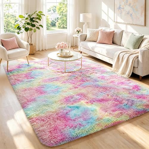Ophanie Rainbow Rug for Bedroom Girls,Unicorn Colorful Fluffy Soft Cute Fuzzy Area Rugs,Shag Plush Shaggy Bedside Floor 4x6 Furry Carpet for Kids Baby Teen Dorm Decor with Over 99 pcs Pile fibers