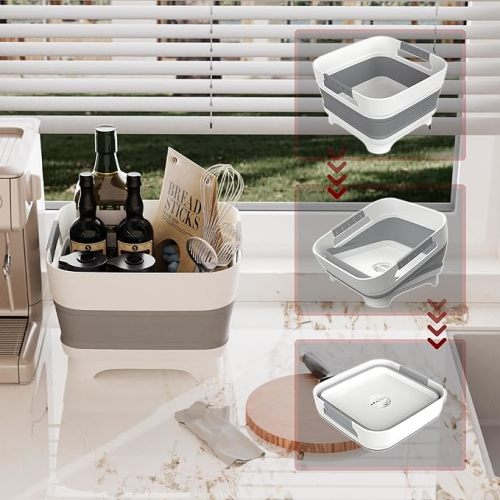 2.4 Gal Collapsbile Wash Basin with Drian Plug,9L Dish Pan for Soaking Baby Bottles,Portable Sink, Multiuse Foldable Bucket,Dish Tub, Ice Beverage Tubs for Camping, Vegetable Washing, RV