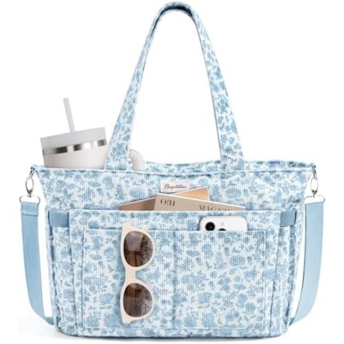 Corduroy Tote Bag for Women, 17 Pockets Laptop Work Tote Bag Lightweight Teacher Nurse Bible Bag for School Travel