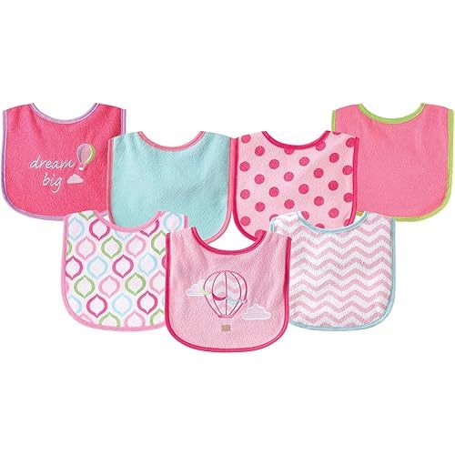 Luvable Friends Unisex Baby Cotton Terry Drooler Bibs with PEVA Back, Pink Balloon, One Size