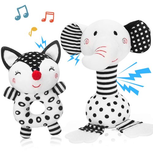 Soft Plush Baby Rattle Toys, Soft Stuffed Animal Rattle Toys for Infants, Black and White Sensory Development Toys for Newborn, Best Gifts for Infants Newborns 2 PCS