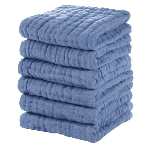 Unnivoll Muslin Baby Washcloths 6 Pack, 100% Cotton Wash Cloths for Babies, Large 12''X12'' Burp Cloths Absorbent and Soft for Newborn Infants Kids Boys Girls - Sapphire Blue