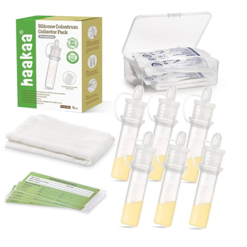 haakaa Colostrum Collector Kit Breast Milk Collector with Cotton Cloth Wipe and Storage Case, Ready-to-Use, Reusable, 4ml/6pcs