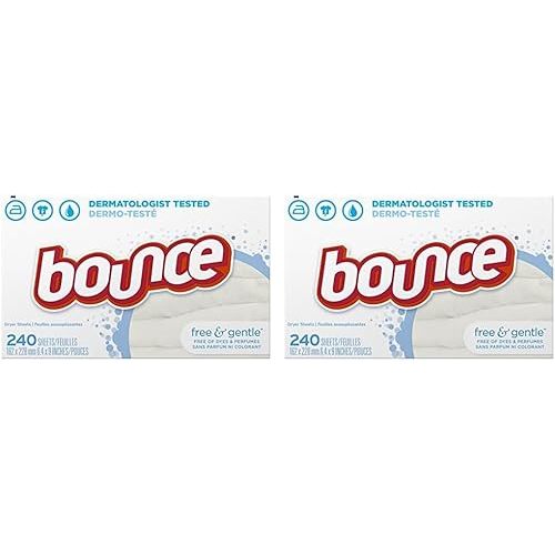 Bounce Free & Gentle Dryer Sheets, 240 Sheets, Unscented Fabric Softener Sheets, Hypoallergenic and Dermatologist Tested (Pack of 2)