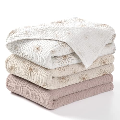 lulumoon Muslin Swaddle Blankets, Receiving Blanket, 3 Pack (Sand Daisy)