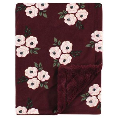 Hudson Baby Infant Girl Plush Blanket With Furry Binding And Back, Burgundy Floral, One Size