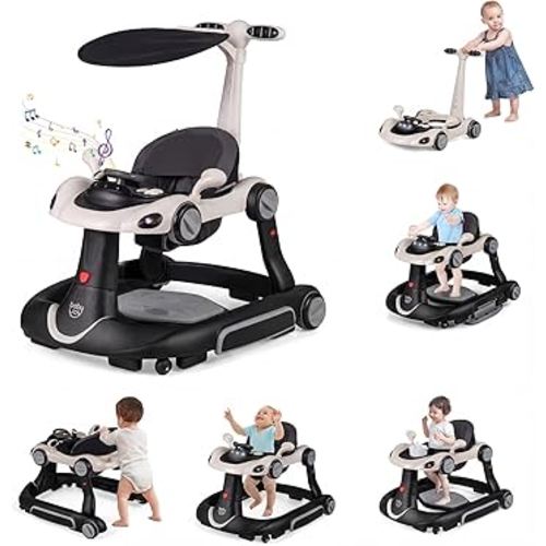 HONEY JOY Baby Walker, 7-in-1 Foldable Baby Bouncer and Rocker Combo, Infant Activity Center w/Canopy, Wheels, Adjustable Height/Speed, Music, Lights, Walker for Baby Boy Girl 7-18 Months (Black)