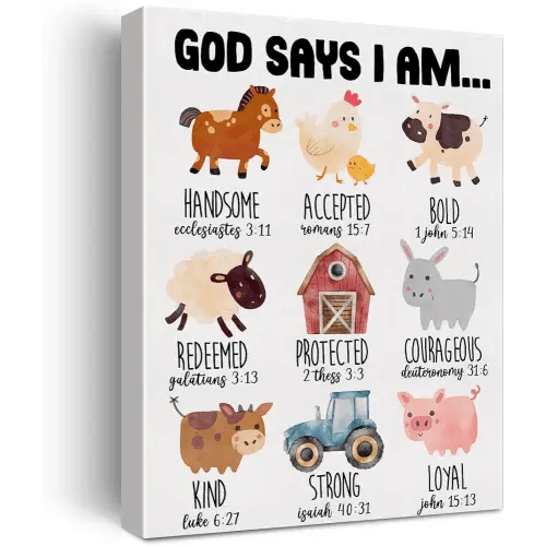 Inspirational Motivational God Says I Am Poster Canvas Wall Art for Nursery Home Decor Christian Farm Animals Canvas Print Painting Ready to Hang Gifts - Easel & Hanging Hook 12x15 Inch