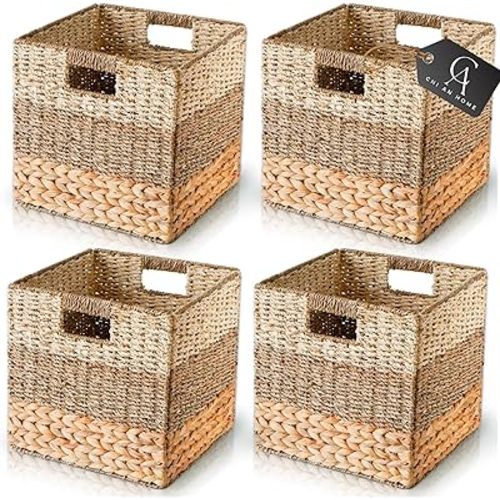 13x13 Storage Cube Bins, Wicker Storage Basket for Cube Shelf, Natural Foldable Cube Storage Bin, Cube Storage Baskets, Large Woven Baskets, Square Wicker Baskets for Organizing Set of 4