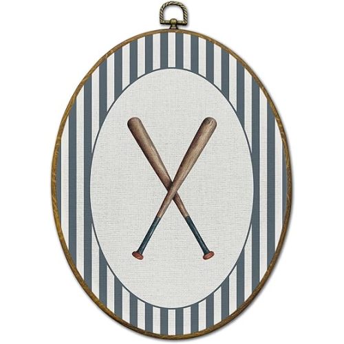 QZQE Vintage Baseball Nursery Oval Wall Art Decor Framed, Sports Oval Canvas Prints, Baseball Bat Sports Striped Wall Hanging Decor for Kids Boy Nursery Room Bedroom Playroom, 8.6x11.4 Inch