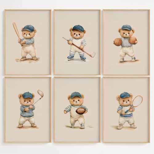 Set of 6 Teddy Bear Sports Wall Art Nursery Decor for Kids Room Baby Shower Gift Boy Prints Baseball Basketball Football Tennis Golf Hockey