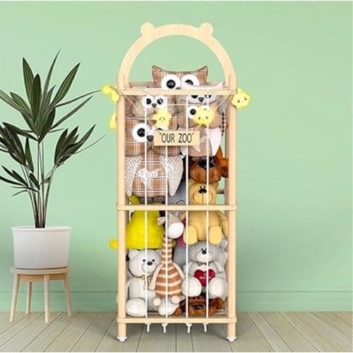 Movable Natural Wood Stuffed Animal Zoo Storage, Patterned Stuffed Animal Storage with Zoo Theme, Elastic Band-Equipped Stuffed Animal Holder, Plushies Storage for Nursery, Play Room, Bedroom