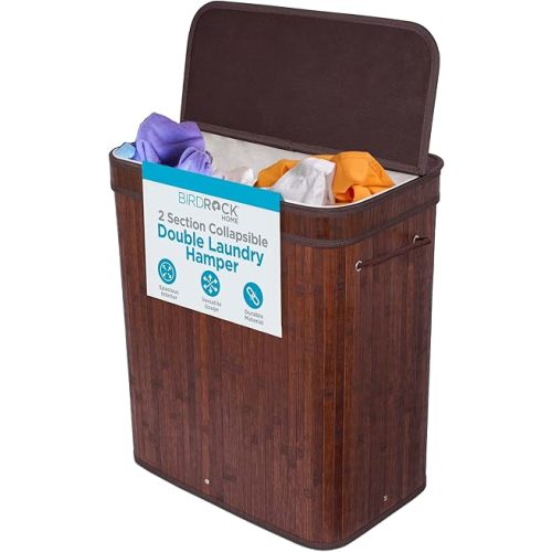 BirdRock Home Double Laundry Hamper with Lid and Cloth Liner | Bamboo | Espresso | Easily Transport Laundry Basket | 2 Section Collapsible Hamper | String Handles