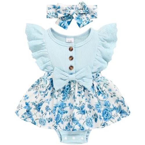 Sinhoon Baby Girl Clothes Newborn Ruffled Sleeveless Romper Floral Dreesy Bodysuit Heaedband 3pcs Baby Girl Summer Clothes