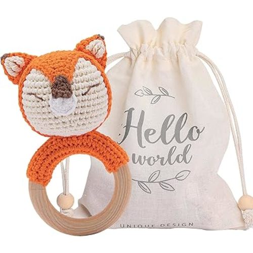 Youuys Wooden Baby Rattle Toys, Easter Rattle for Baby Crochet Fox Rattle Toy Natural Wood, Shaker Rattle for Hand Grips, Boy Girl First Rattle Gift, Newborn Gifts (Fox)