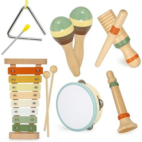 Musical Instruments Set Toys for Toddlers 1-3 - Neutral Colors Wooden Montessori Toys Percussion Music Modern Xylophone Drum Birthday Chirstmas Gifts for 1 2 3 Year Old Kids Baby Toddlers Boys Girls