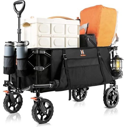 Navatiee Collapsible Folding Wagon, Heavy Duty Utility Beach Wagon Cart with Side Pocket and Brakes, Large Capacity Foldable Grocery Wagon for Garden Sports Outdoor Use, S1