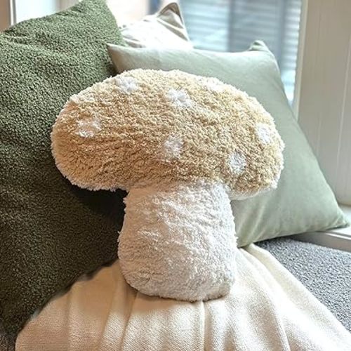 Mushroom Throw Pillow Tufted Shape Decorative Cushion 15” x 15” – Decor for Bed, Couch, Living Room (Cream)