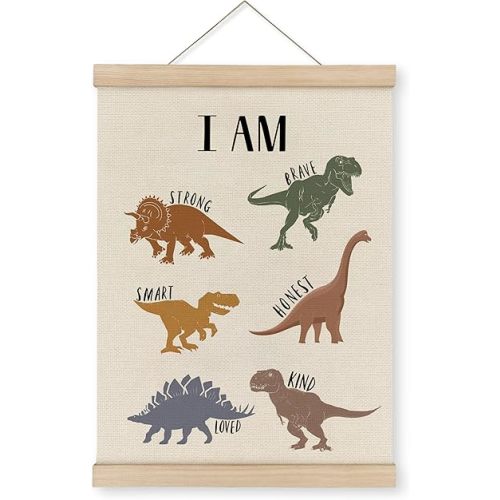 MAQIKA Dinosaur Poster Framed with Wood Hanger, Dinosaur Room Dino Inspirational Quote Hanging Wall Decor for Boys, Dinosaur Canvas Wall Art Paints for Kids Boys Room Nursery Classroom Playroom 12x16