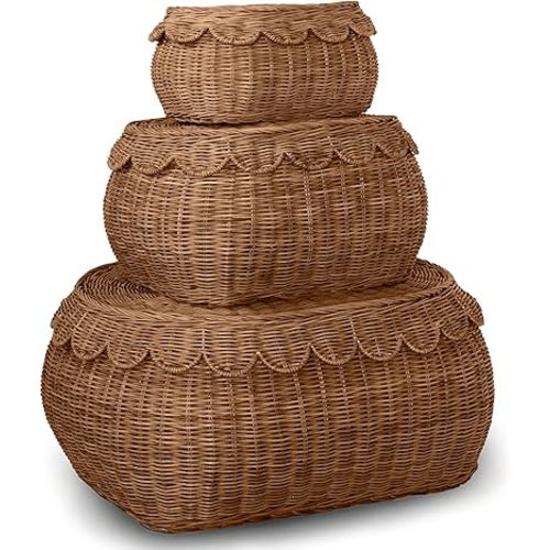 Large Scalloped Basket Set Of 3 - Hand Woven scallop basket - 22 x 16 x 10 In - scalloped Wicker Basket - scalloped edge basket - scalloped storage basket (Mocca)