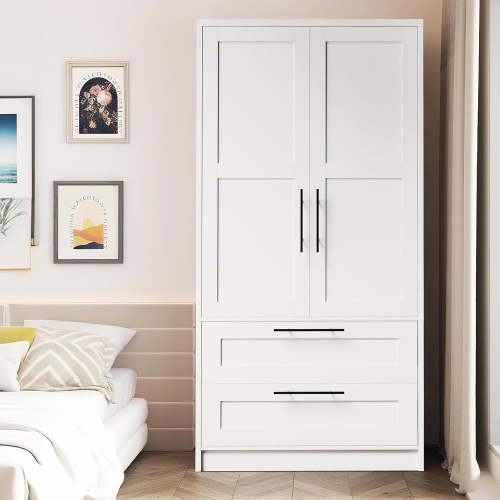 Juiluna Wooden Armoire Wardrobe Closet with 2 Drawers, 70 "Tall Clothing Storage Cabinet with 2 Doors, Modern Bedroom Clothing Armoires with Hanging Rods, White