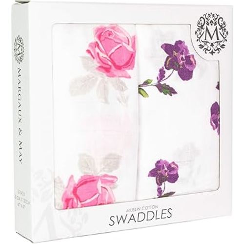 Margaux & May Muslin Swaddle Blankets 2 Pack - Large 47x47 Inches, Breathable Baby Blankets, Pink Purple Flowers - Newborn Essentials Must Haves