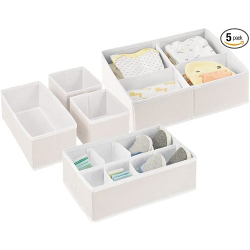 mDesign Soft Fabric Dresser Drawer/Closet Divided Storage Organizer Bins for Nursery - Holds Blankets, Bibs, Socks, Lotion, Clothes, Shoes, Toys, Jane Collection - Set of 5 - Cream/White