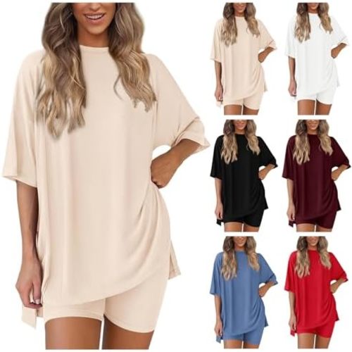 Two Piece Sets for Women Summer Oversized 3/4 Sleeve Crewneck Set Slit T Shirts Outfits Biker Shorts Matching Set