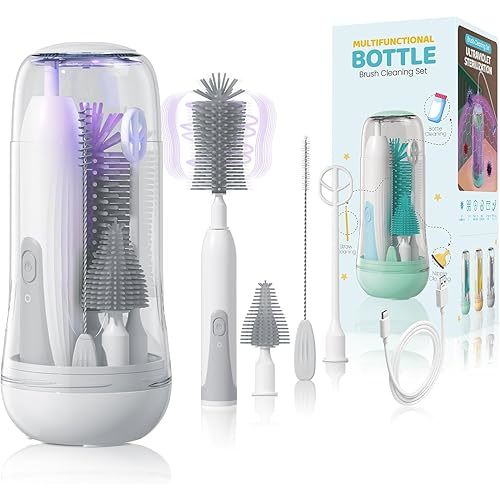 Electric Travel Baby Bottle Brush Set with Storage Box, Automatic Bottle Cleaner Brush Kit with Silicone Bottle/Nipple/Straw Brush, Milk Frother Electric and Drainage Rack, Rechargeable, Gray