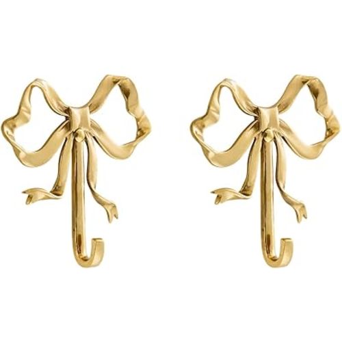 2PCS Brass Bow Wall Hooks Gold Bow Wall Hooks Bow Wall Hook for Hallway Kitchen Hang Coats Keys Towels Bags Umbrellas Bathroom Living Room Kitchen Christmas Wall Decor Birthday Gift (Large)
