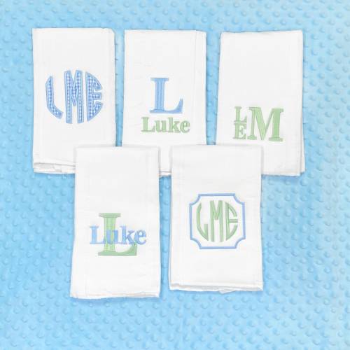 Personalized Embroidered Burp Cloth Set of 5 - monogrammed - baby gift - cloth diaper - Baby Girl - baby boy - Standard 5 Blue & Green